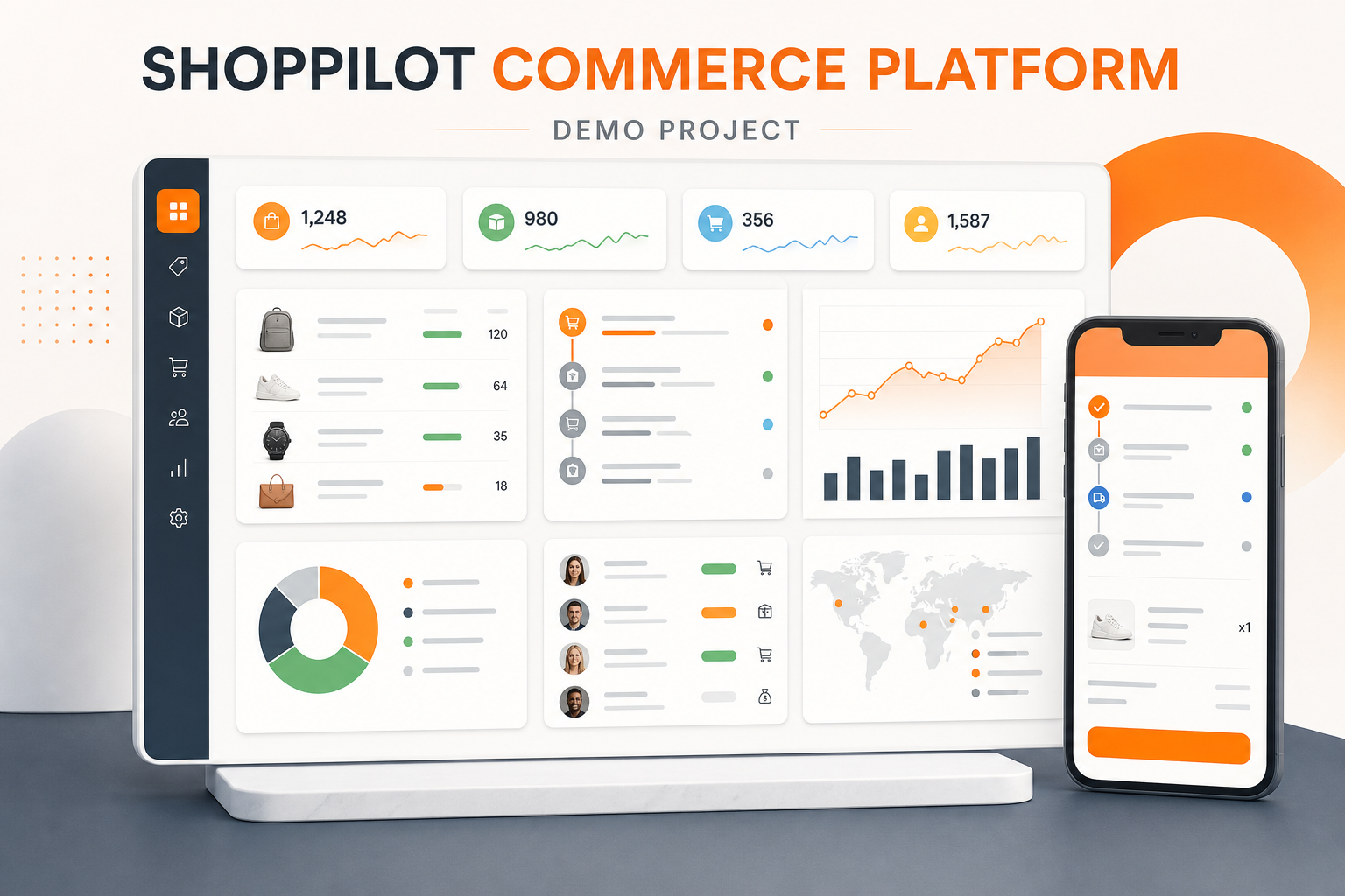 ShopPilot commerce operations dashboard shown on desktop and mobile