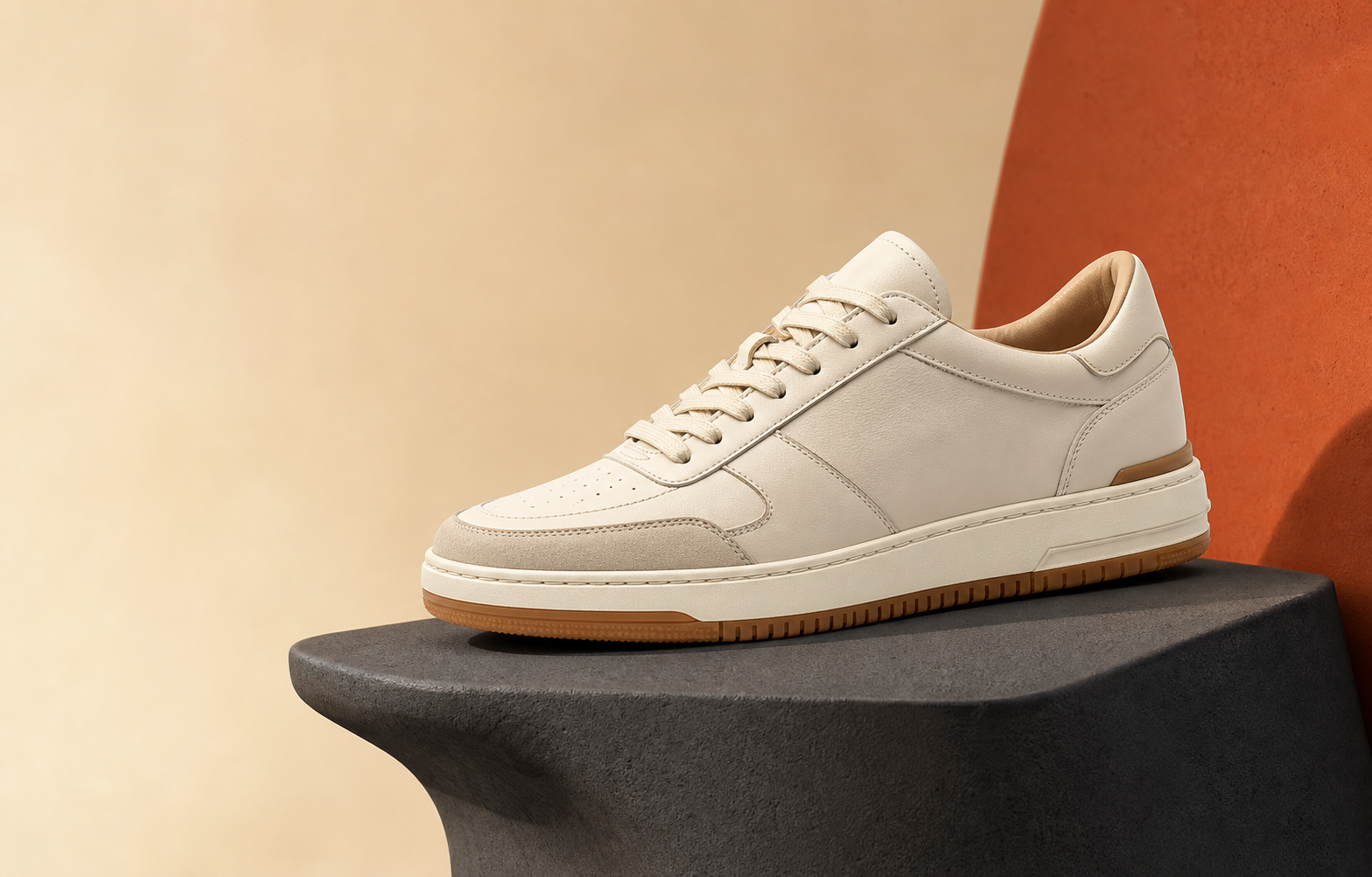 Off-white Solecraft Form 01 leather sneaker on a sculptural pedestal